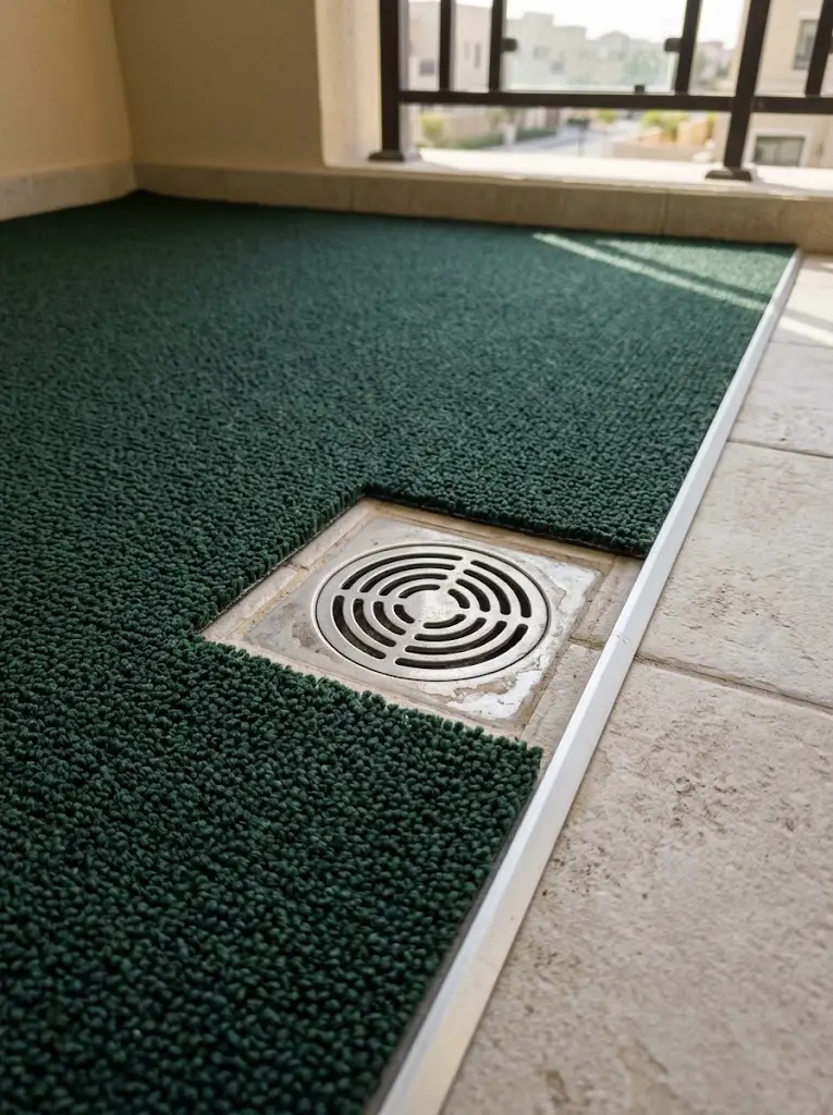 Outdoor carpet fitted around balcony drainage outlet