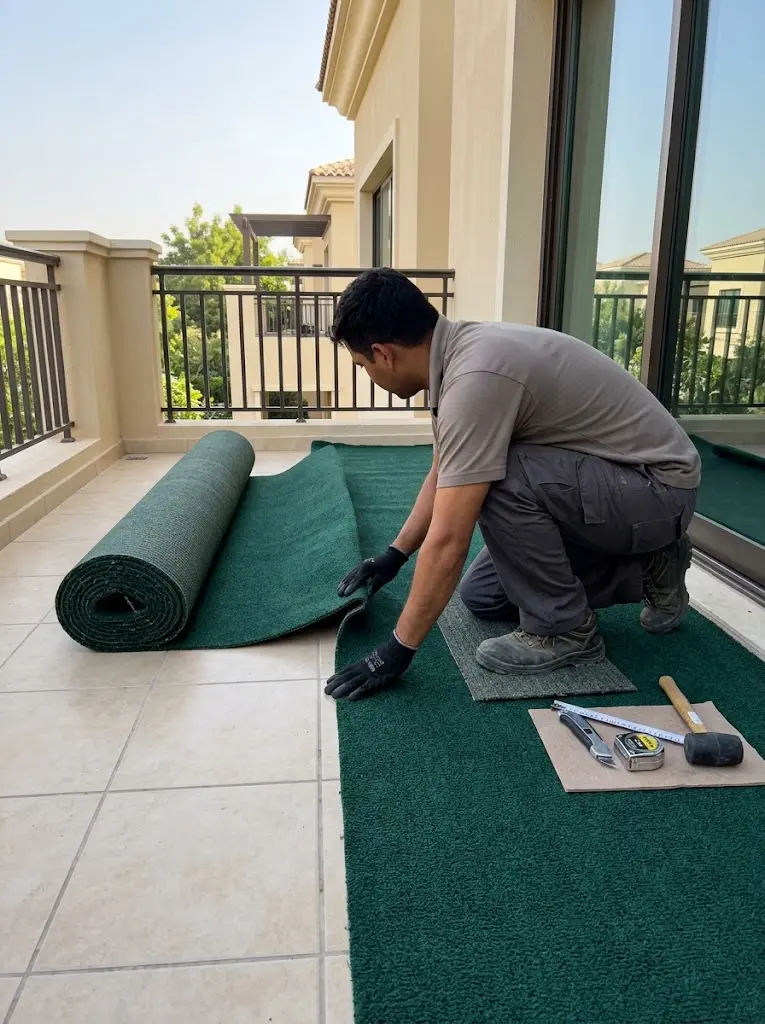 Outdoor carpet installation in progress at Arabian Ranches villa