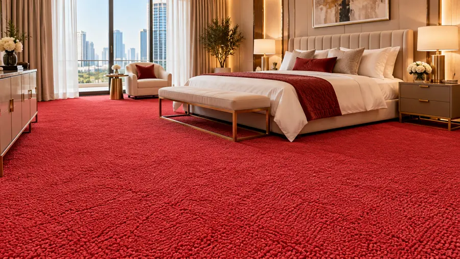 plush textured red wall-to-floor carpet in a modern bedroom