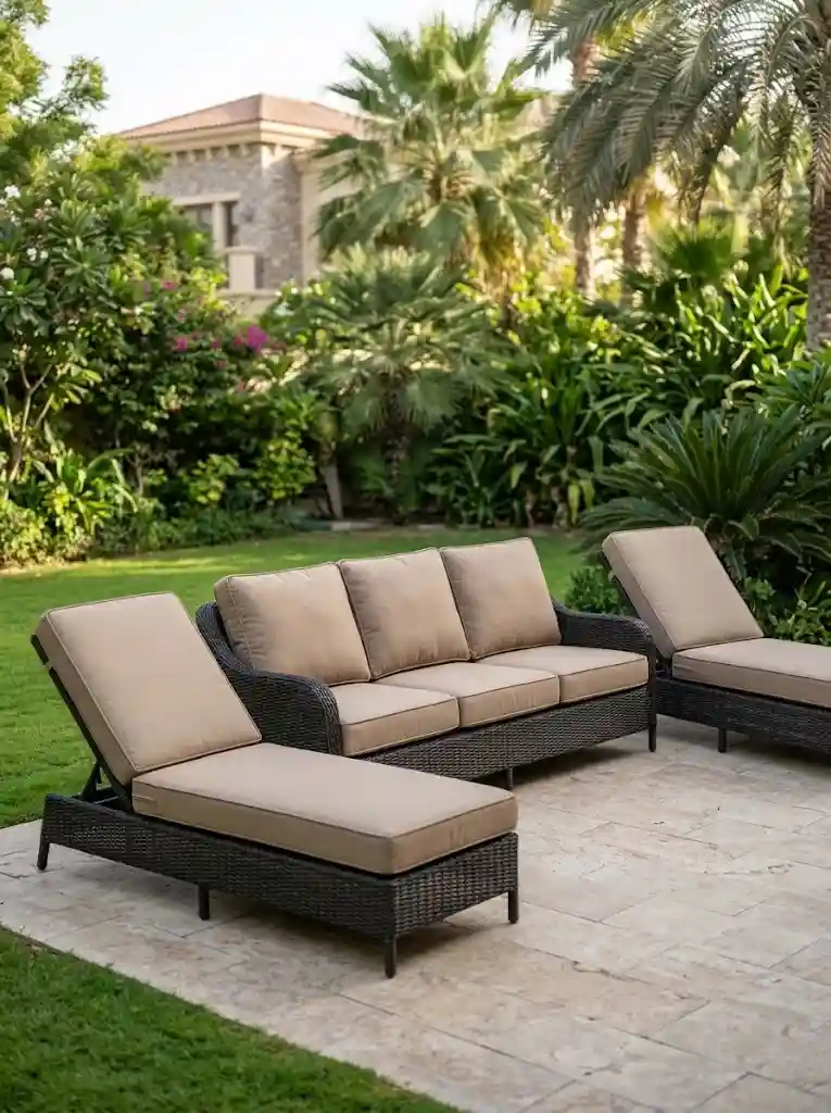 Reupholstered beige outdoor sofa and lounge chairs